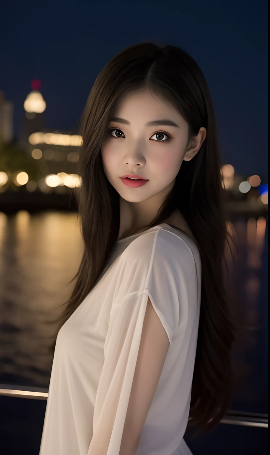 （Original photo of 8K，best qualtiy，tmasterpiece：1.2），（Medium view），the night，Night on a yacht，Sea and night view in the background，best qualtiy，tmasterpiece，（Small mouth：1.2），short- sleeved，short- sleeved，short- sleeved，short- sleeved，an extremely delicate and beautiful one，，astounding，finely detailled，tmasterpiece，Best quality at best，（age 22：1.2），Narrow waist，Slim，is shy，Pure，adolable，Bushy hair，Soft hair，big breasts beautiful，A detailed eye，（long whitr hair：1.2）