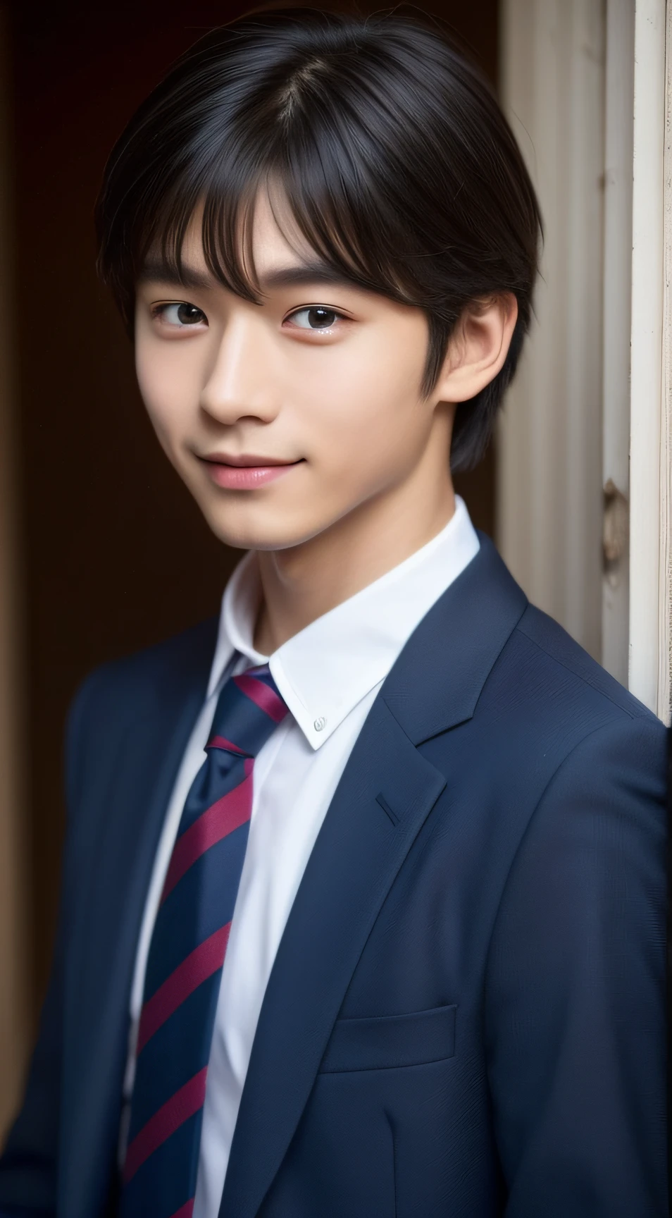 1 boy、校服、High school students、Adonis、short-haired、A dark-haired、A slight smil、top-quality、masterpiece、超A high resolution、Raw foto、One Man in the World、Detailed facial texture、Japan Boys、a cool、An ultra-high picture quality、Skysky、neck tie、ember、a cool、