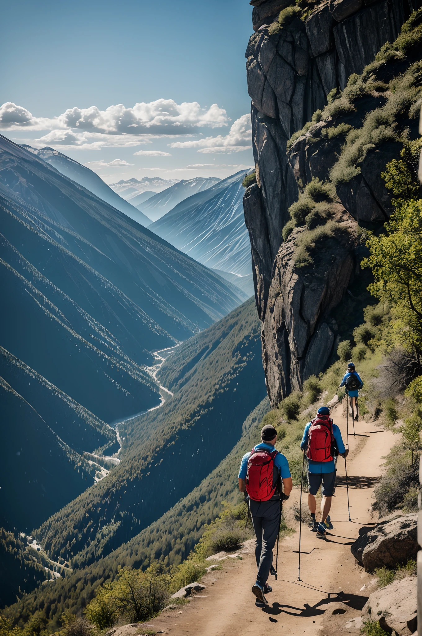 ((Men in the valley)), sport outfit, sport outfit, Stores, hiking clothes, 8K, product, nikolay, Stores, poster for, DL, maxim shirkov, Official product image, image on the store website, photo for a store,((trekking poles)), Stores, Climbers
