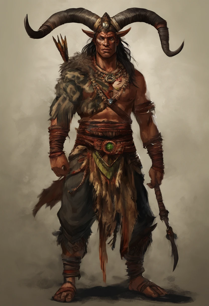 A male leader with horned heads and a bow and arrows, Rough skin texture,Wear jade around the waist,fantasy character concept, complex fantasy character, heroic fantasy character concept, rpg concept art character, full body concept, character posing for concept art, rpg character concept art, senior concept artist, detailed full-body concept, Fantasy character design, dark fantasy character design, concept art character, spirit fantasy concept art