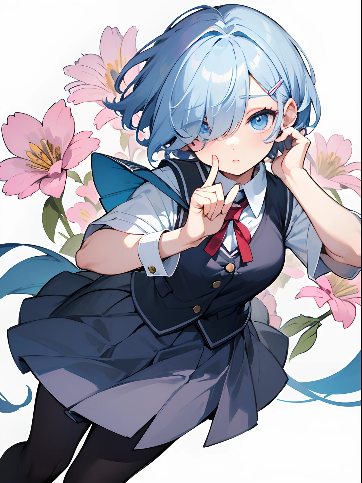 (masterpiece, best quality), 1girl, tights, eye over bang, blue eyes, white short hair, flower hairclip, school girl vest and uniform, blank background, (hair over one eye), close-up