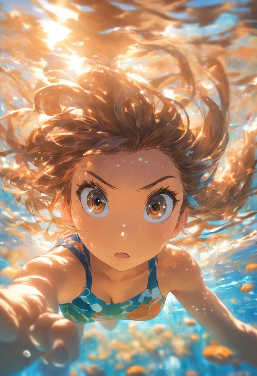 foreshortening, depth of fields, masutepiece, Best Quality, 1girl in, Brown hair, Brown eyes, Long hair, under the water, Air bubble, Solo, Looking at Viewer, School Swimsuit, Swimming, Dappled sunlight,