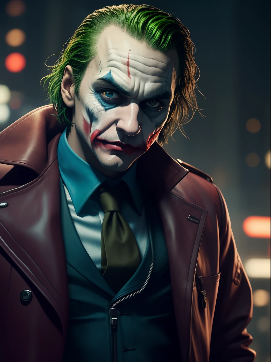 (8k, RAW photo, best quality, masterpiece:1.2), ultra detailed, official art, photo-realistic:1.37, upper body shot, DC Joker, film grain, action pose