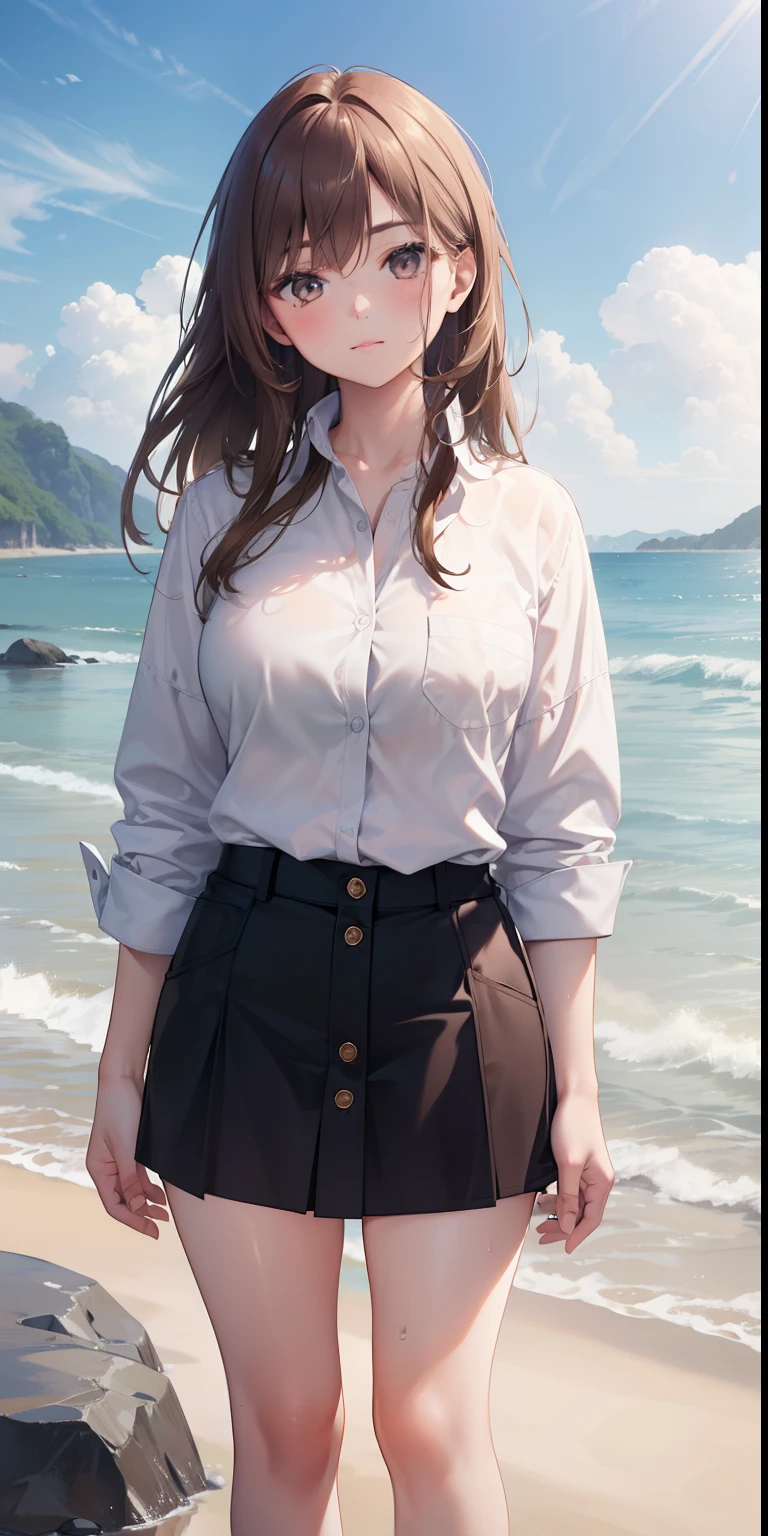 ultra detailed, highres, (realistic, photorealistic: 1.4), 8k, raw photo, (masterpiece), (best quality), physics-based rendering, female college student, long brown hair, Korea, beach, looking, sock, standing, unbuttoned_white_shirt