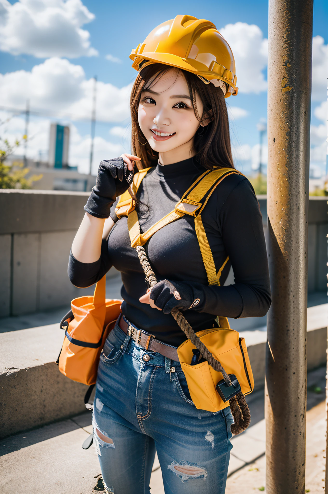 Realistic depiction of "Eri Kamei" Discover the world of cosplay "Iris duty" (Faye Construction Worker). Dressed in symbolic attire of the profession, She is equipped with a safety helmet, Tabi boots, ・Characteristic tobi pants. Her tool pouch is full of essentials, And her rope harness guarantees safety. The gloves she wears, Her muscular physique, And tanned skin is a testament to the efforts of the profession. Her white teeth shine brightly, Contrast the sturdiness of the work. Images should be of the highest quality, Combining the authenticity of Tobi workers with the charm of idols. Use Sony Alpha a9 II mirrorless camera, FE 24-70mm f/2.8 GM Lenses, Resolution 24.2 megapixels, ISO sensit: 204,800, Shutter Speed 1/32000 seconds - AR 16:9 - V5.1 --Style raw --Q 2 --S 750.