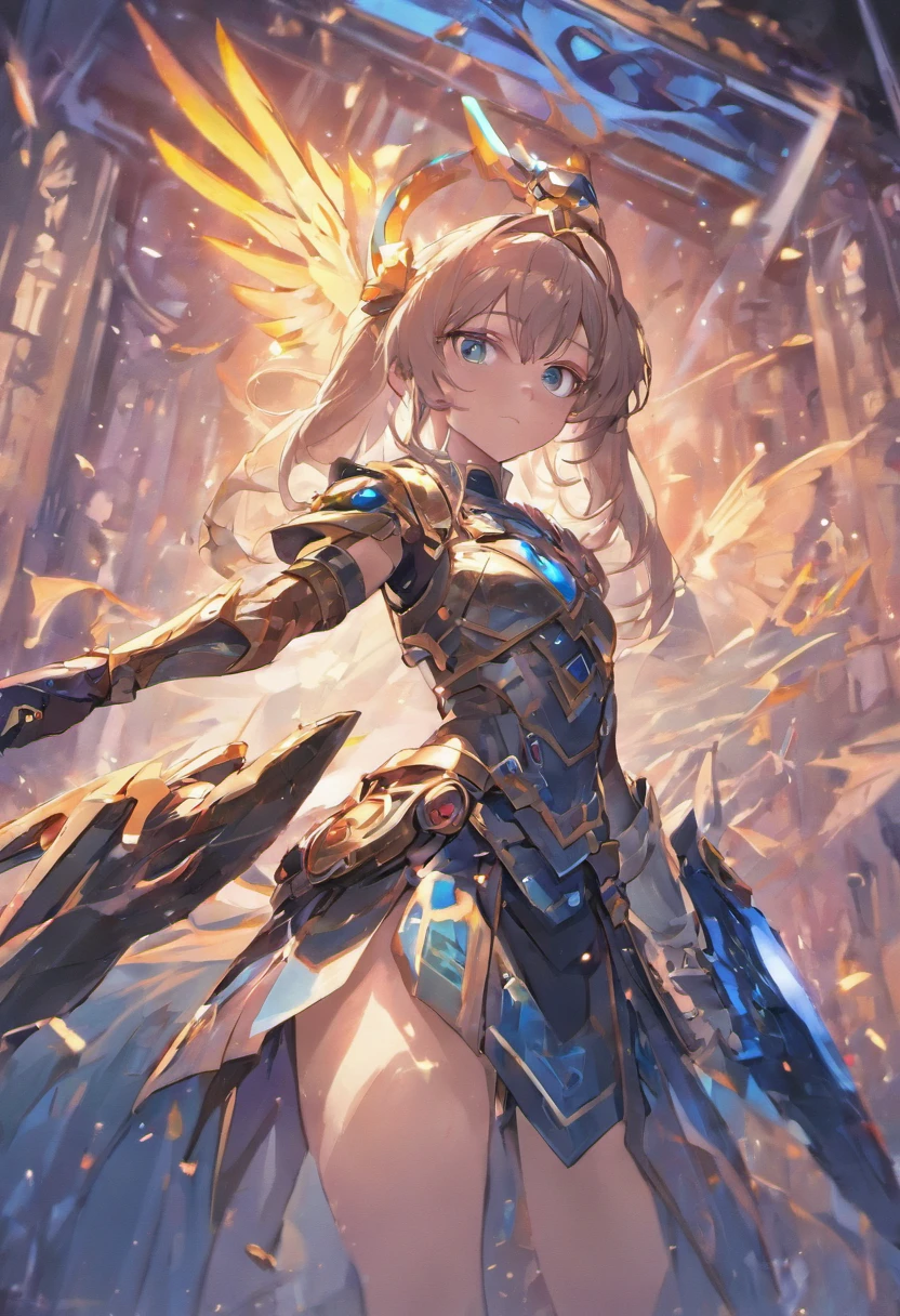 Girl with black hair and blue eyes, valkyrie helmet and armor, full 3 pose, character design, ultra high resolution 8k, ultra high definition 4k, magic-sword knight, sci-fi armor, shine, heroine face, Elemental sword, full plate silver color, stabilizer diffusion, Tron style, pony tail, many sword in background,