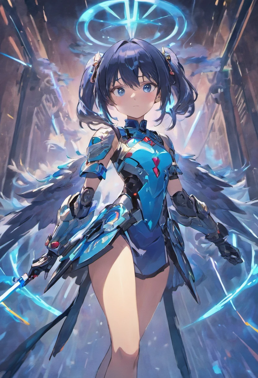 Girl with black hair and blue eyes, valkyrie helmet and armor, full 3 pose, character design, ultra high resolution 8k, ultra high definition 4k, magic-sword knight, sci-fi armor, shine, heroine face, Elemental sword, full plate silver color, stabilizer diffusion, Tron style, pony tail, many sword in background,
