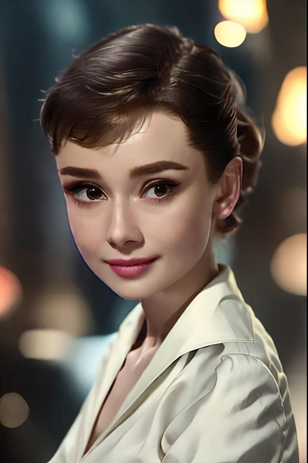 (8k, best quality, masterpiece:1.2), (realistic, photo-realistic:1.37), ultra-detailed,solo,1 girl, (skin dentation:1.2), (large breasts:1.3), (professional lighting, bokeh), (blouse:1.3), (portait:0.8), gorgeous, bloom, floating hair,(light particles, lens flare, glowing particles:0.6), (dynamic pose), specular lighting, soft lighting, head tilt, sunlight, looking at viewer, depth of field, (small head:1.43),  pureerosface_v1