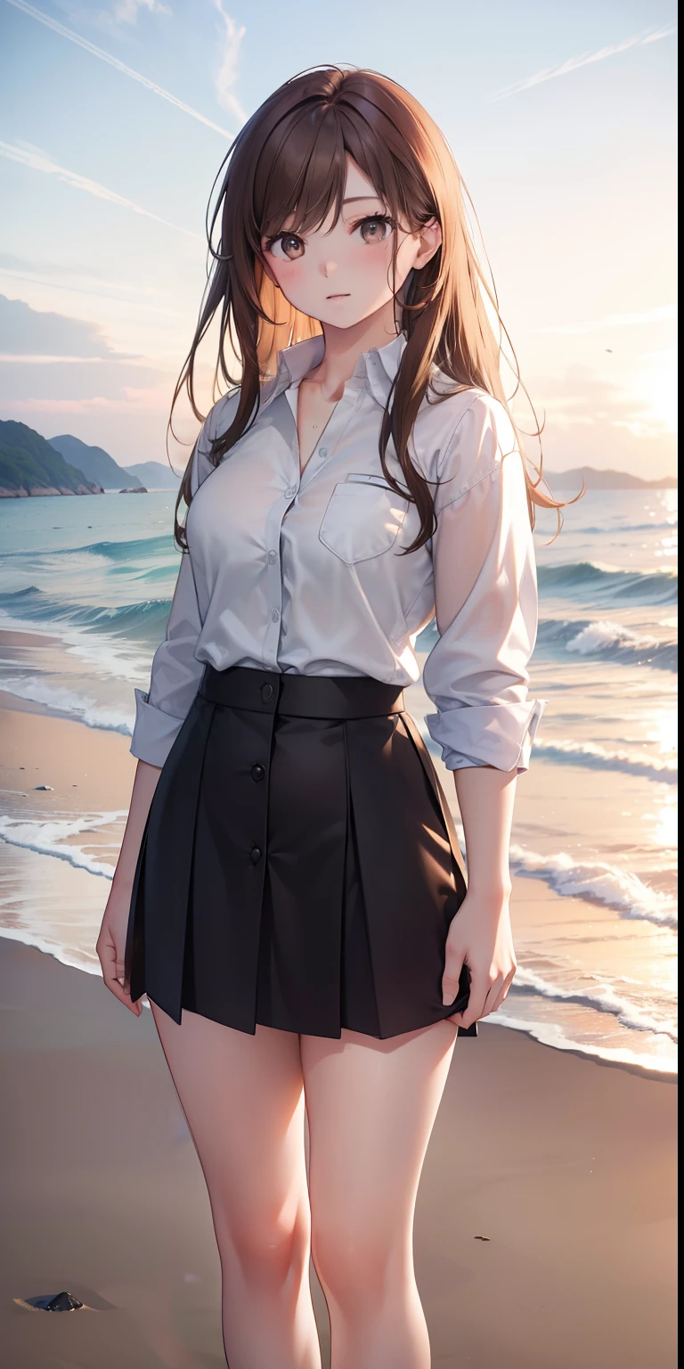 ultra detailed, highres, (realistic, photorealistic: 1.4), 8k, raw photo, (masterpiece), (best quality), physics-based rendering, female college student, long brown hair, Korea, beach, looking, sock, standing, unbuttoned_white_shirt