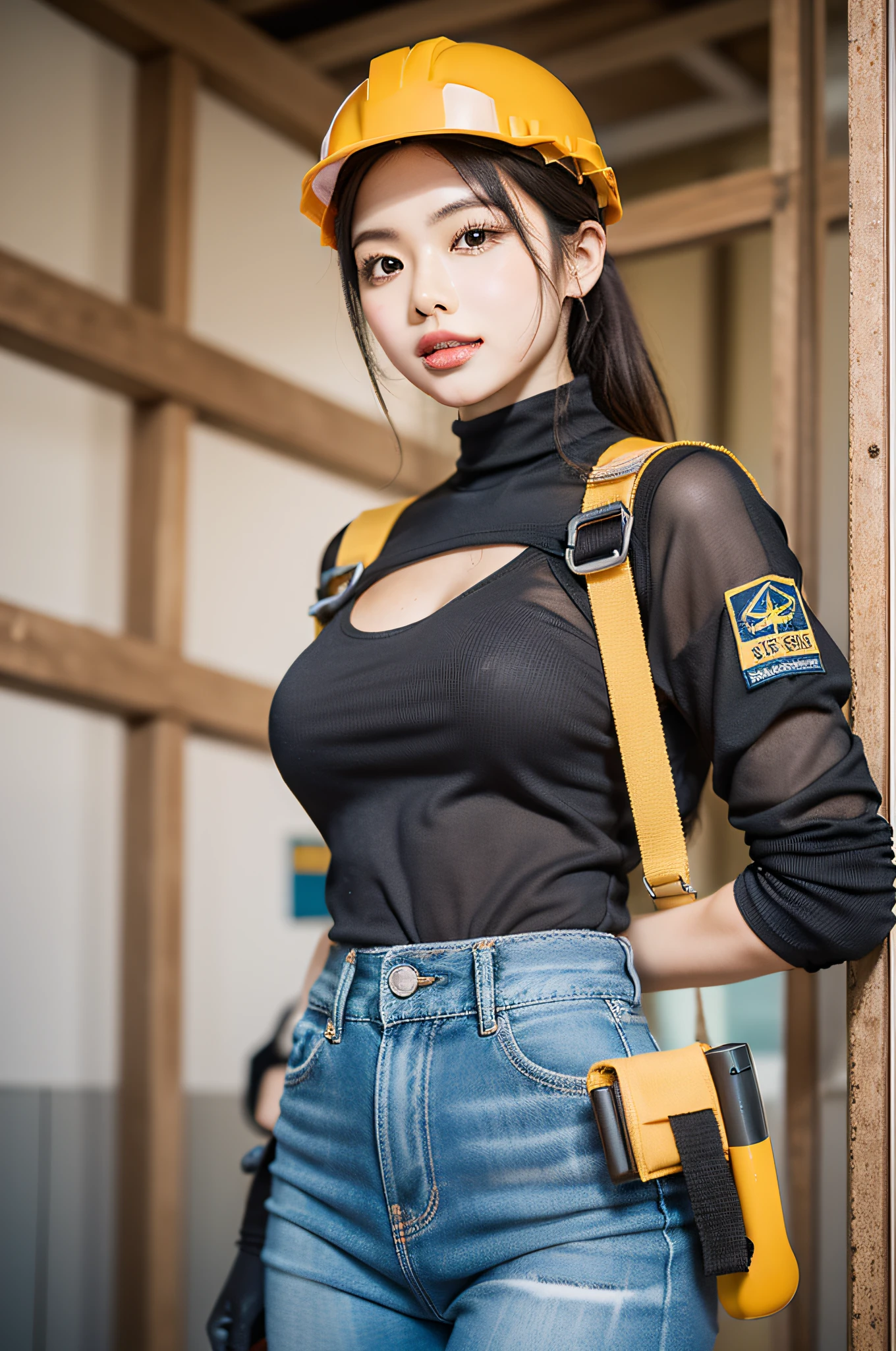 Realistic depiction of "Eri Kamei" Discover the world of cosplay "Iris duty" (Faye Construction Worker). Dressed in symbolic attire of the profession, She is equipped with a safety helmet, Tabi boots, ・Characteristic tobi pants. Her tool pouch is full of essentials, And her rope harness guarantees safety. The gloves she wears, Her muscular physique, And tanned skin is a testament to the efforts of the profession. Her white teeth shine brightly, Contrast the sturdiness of the work. Images should be of the highest quality, Combining the authenticity of Tobi workers with the charm of idols. Use Sony Alpha a9 II mirrorless camera, FE 24-70mm f/2.8 GM Lenses, Resolution 24.2 megapixels, ISO sensit: 204,800, Shutter Speed 1/32000 seconds - AR 16:9 - V5.1 --Style raw --Q 2 --S 750.