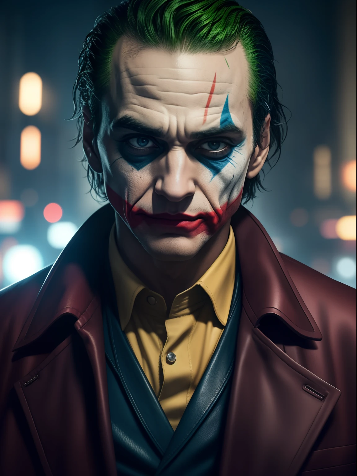 Close-up, The Joker, action movie scene, Jantar Distópico Cinematic Blade Runner, noite, movimentado com sinais de neon, blade runner aesthetics, lotado de pessoas, cinematografia de filmes, gangue trash, pessoa atraente, High emphasis on detail, vestindo equipamentos de tecnologia do tempo, gangue trash, tatuagens, Vida noturna, cheio de vida, gangue trash, action movie shot by Kon Satoshi, estilo Semi Impasto, tinta escura, Atmospheric, brilhante, lighting dramatic, olhos bonitos, symmetric eyes, olhos perfeitos