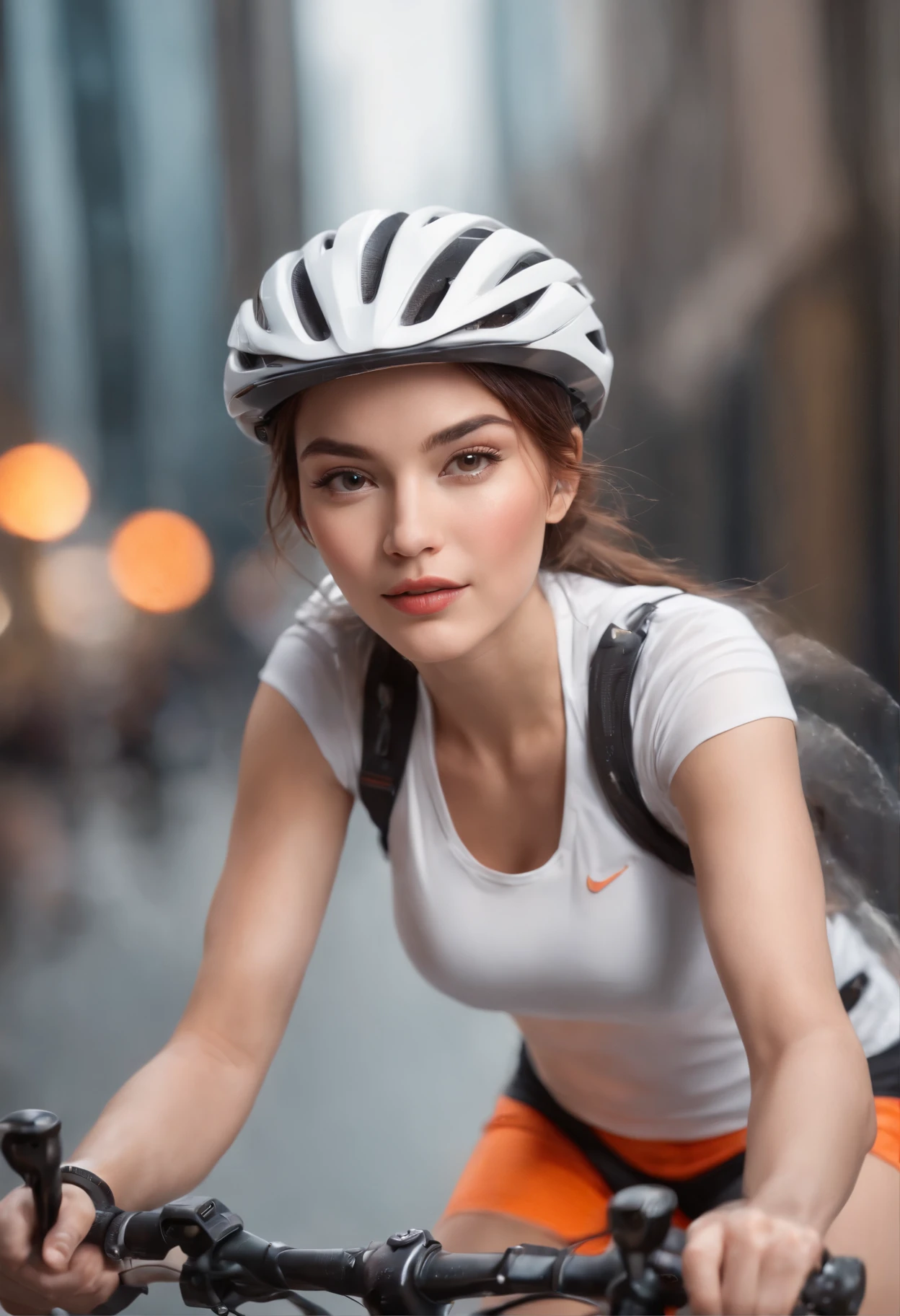 Maximum image quality, outstanding detail, ultra-high resolution (realism: 1.4) Best illustrations, favorite details, highly condensed 1girl with delicate and beautiful face, wearing white and orange sports wearing hat, holding directional controller, riding a bicycle, background is a high-tech light scene of futuristic city,mountain bike,runner suit,wet with sweat.