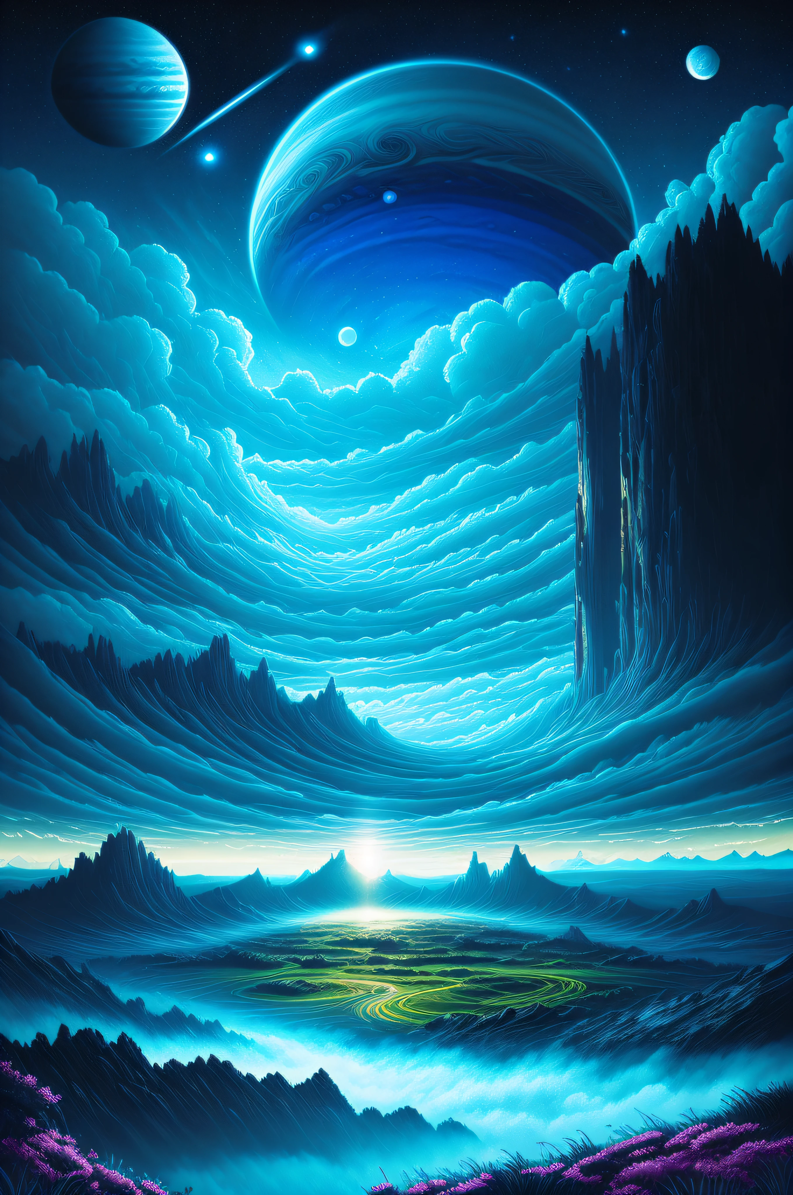 illustration of jupiter clouds by dan mumford, alien landscape and vegetation, epic scene, a lot of swirling clouds, high exposure, highly detailed, realistic, vibrant blue tinted colors, uhd