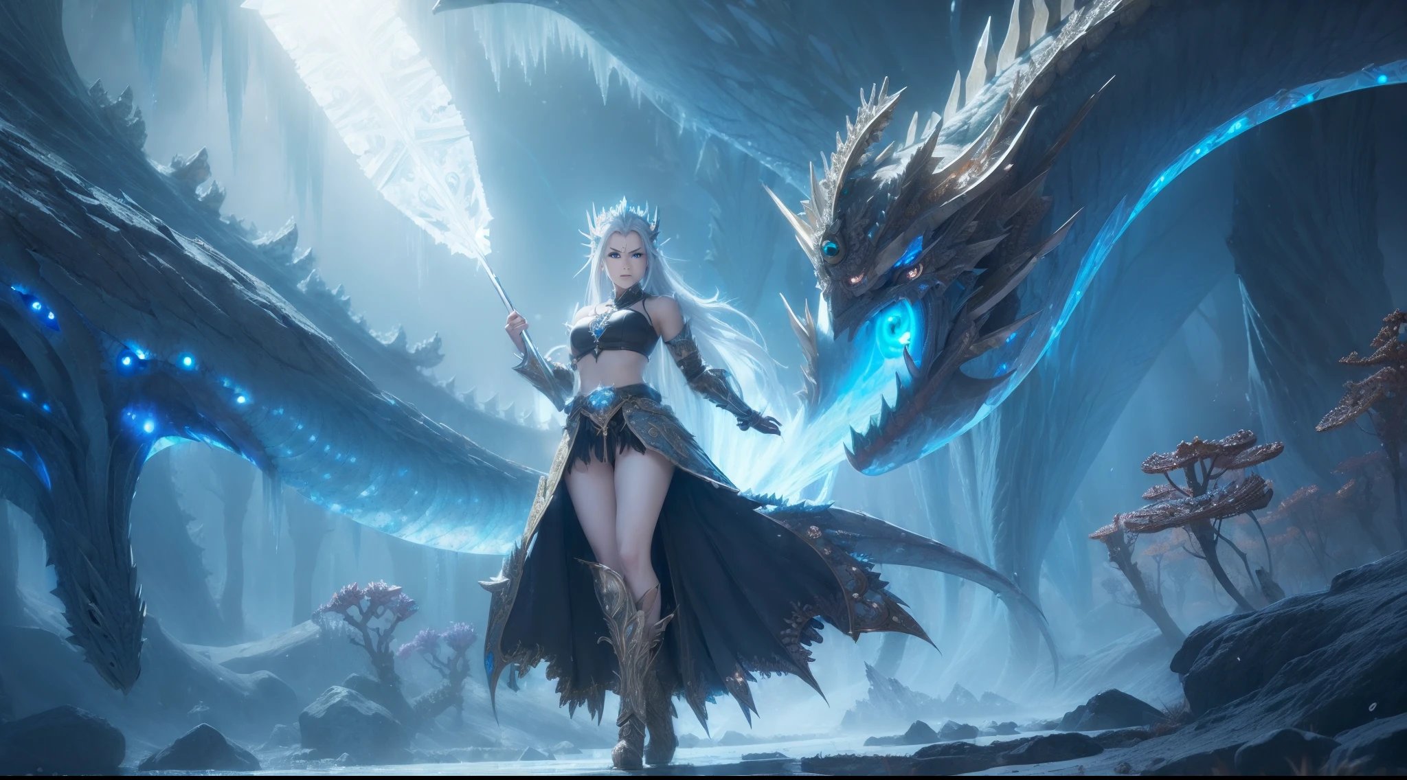 (((glaring eyes:1.8))) (all: 2), fashion model 20 years old, [[[[chest]]]], [[neck]], [[[shoulders]]], all [[[[[feet and breasts shod in armor of silver glass, and cristals]]]]], twintails asymetrical long red hair, Girl, beautiful crop top, medium bust:1.8, (narrow waist, slanderous legs), perfect proportions, perky , glaring ice eyes:1.5 The drawn enchanted fantasy land is frosty, with [[[[flying pieces of ice floating in the air and glowing]]]] ((energy crystals)). this environment is a [[[[[[magical vortex of thousands of ambient light elements]]]]]], [[light reflections]], including the environment (ice and crystals) glowing in the air. The girl's armor is made of silver glass, which absorbs the magical energy of the environment and releases it in the form of bright light. In this fantastic area there is a great spirit dragon (length: 125 m) and a thick one surrounding this fantastic masterpiece with all its greatness, illuminated accessories. This fantastic land is inhabited by a large flying serpent dragon with wings surrounding this fantastic masterpiece with all its wonderful accessories. The dragon-beast lies on the ice facing the viewer. The image of this fantasy land is shrouded in powerful, ((glowing light)), ray tracing, [[[reflected light]]], optical illusion, [masterpiece], textured skin, [[cristal sword]], [high detail], best quality, high quality, super detail of dragons, epic fantasy art style, epic digital fantasy art style, beautiful succubus, [[epic fantasy style]], [[[extremely detailed artgerm]]], [[beautiful elegant demon queen]], (Fantasy 4k art), fantasy 2.5 d cgi anime art, dragon girl, wlop and artgerm, (oli face: 1.3), ((fractal art:1.6)), [[snowflakes:1.8]], [[[ray tracing]]], [[[[[sparkle]]]], [[[[glowing light]]]], [[optical illusion]], [HD], [Depth of field, extremely detailed 64k, fine art, stunning, iridescent, [[shiny:1.5]], [[light reflections:1.5], (crisp:1.7), Fujicolor, cinematic lighting]], ((grayscale))