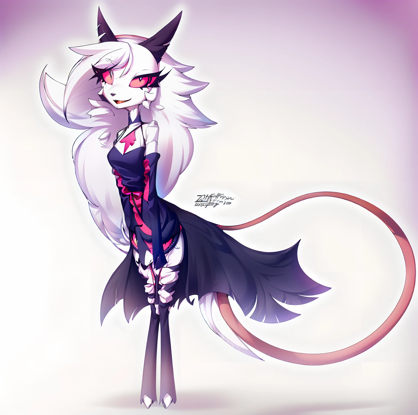 by Zinfyu, \(helluva boss\), Cat demon, Black and white body, Pink sclera, Eyes pink, Furry tail, stellar, Female, Solo, absurd res, Traders,  formal outfit, formal outfit，Just one person，Tall and tall，ellegance，Hand symmetry，Hands are covered by sleeves，No exposure，Solid color white background