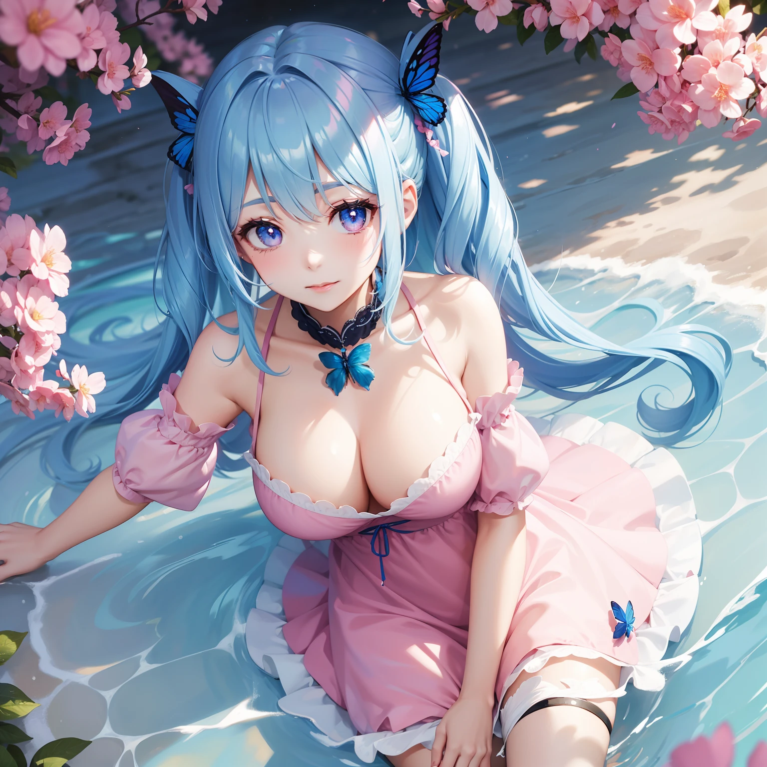 a women, blue butterfly, blue hair, pink eyes, pink dress