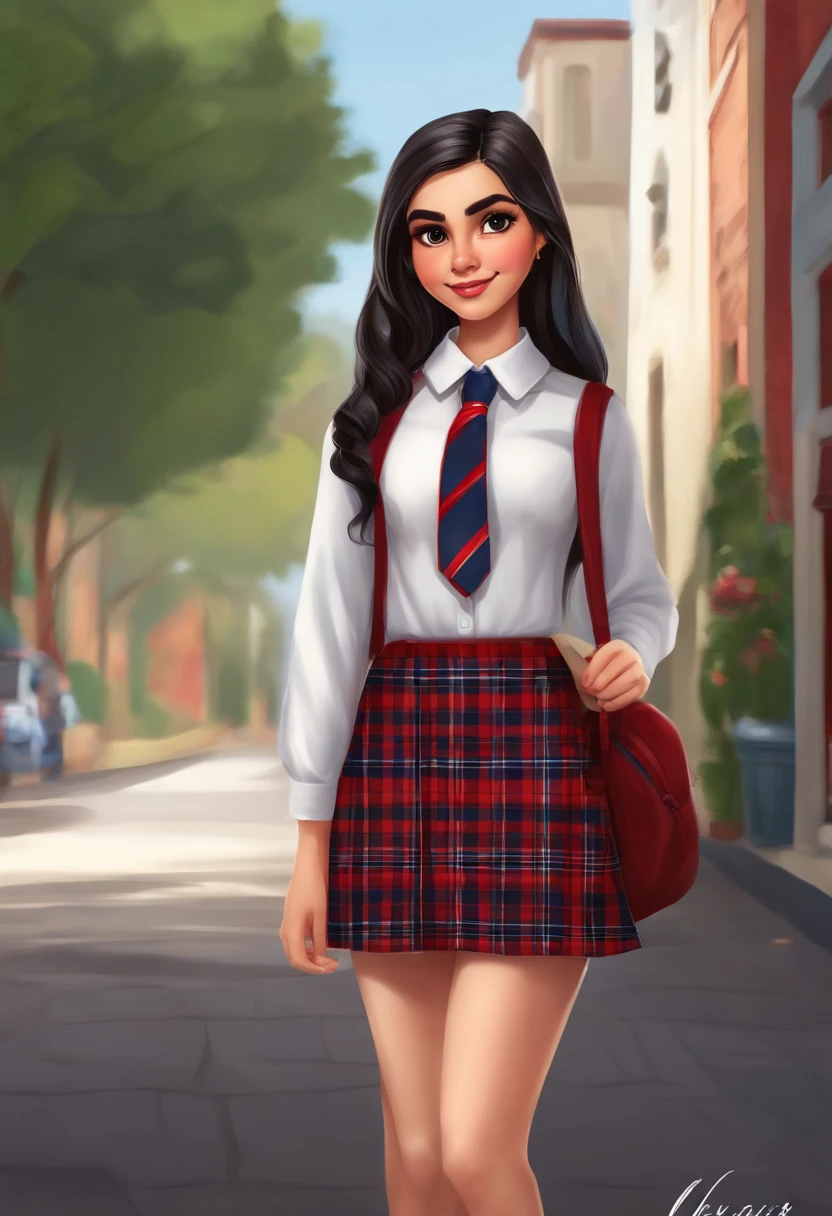 Realistic portrait of animated cartoon of a young beautiful Venezuelan teenager,  small slanted eyes,  long straight black hair,  full body,  dressed in a collegiate red,  dark blue and white plaid knee-length skirt,  white shirt, with School tie, dark gray jacket,  white stockings,  up to knees,  black school shoes,  and backpack backpack., xxmixgirl, , ,