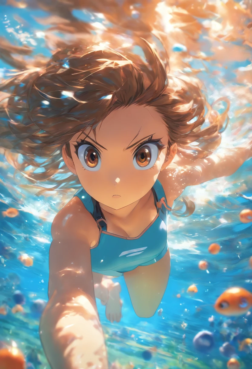 foreshortening,  Depth of field, Masterpiece, Best quality, 1girll, Brown hair, Brown eyes,  Long hair, Underwater, airbubble, Solo, view the viewer, School swim wear, Swimming,  Dappled sunlight,