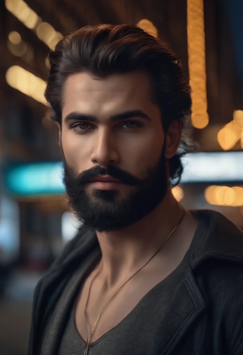 (best quality,4k,8k,highres,masterpiece:1.2),ultra-detailed,realistic,physically-based rendering,handsome face,street background,long eyelashes,well-groomed beard,muscular body,confident expression,vivid colors,sharp focus,professional lighting,urban scenery
