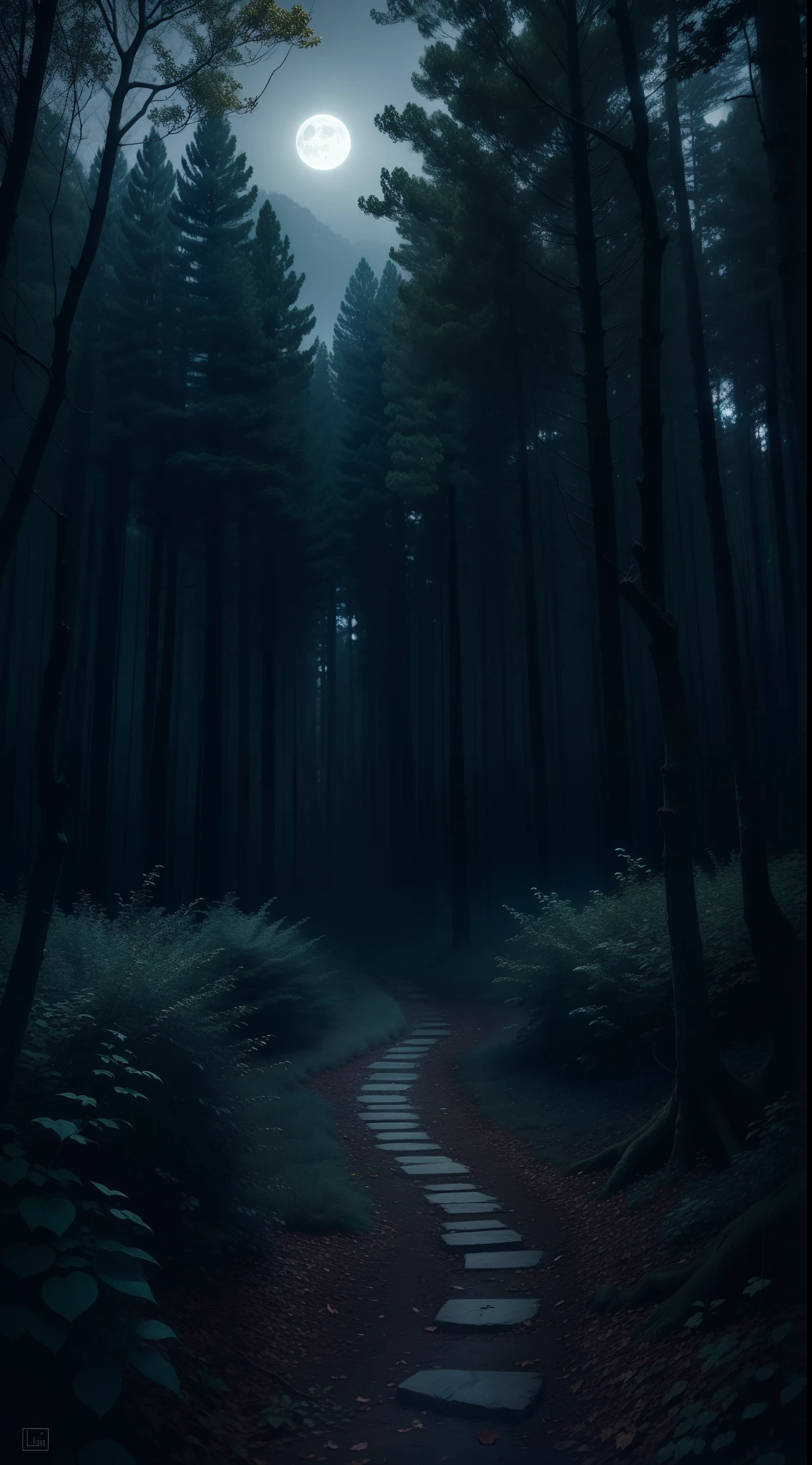 the edge of a dense forest, thicket, luna, Creepy, the night