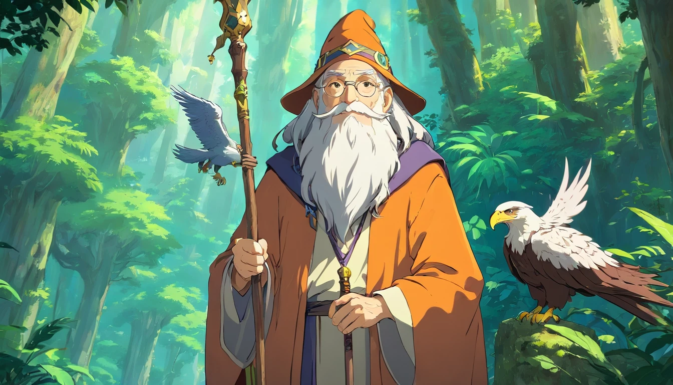 an old male wizard with a long beard, holding a staff, he has an eagle pet hanging on his shoulder,(Highest Quality, Amazing Details:1.25), dynamic shadow, concept art, he is in an adventure among vast jungle