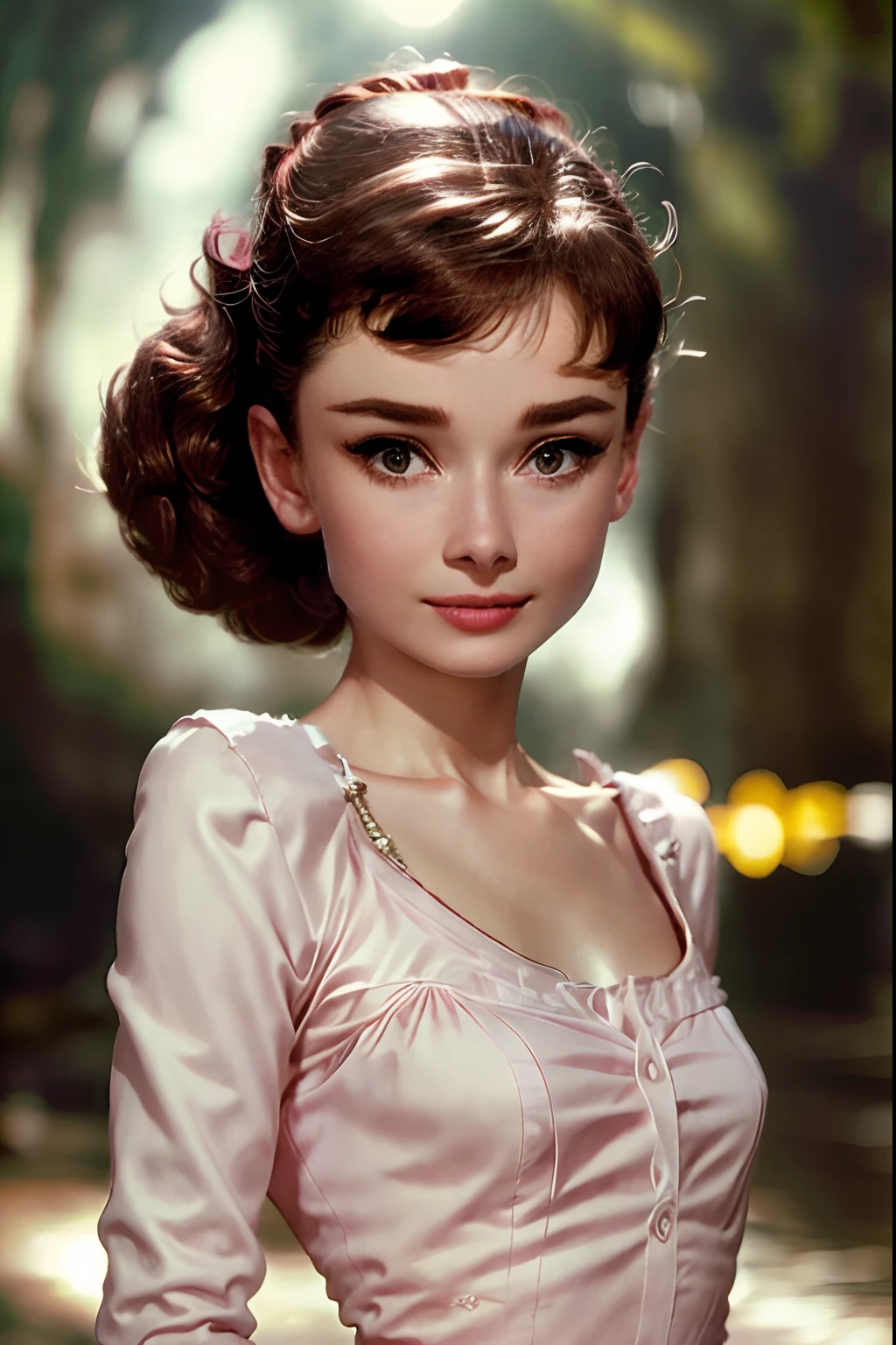 (8k, best quality, masterpiece:1.2), (realistic, photo-realistic:1.37), ultra-detailed,solo,1 girl, (skin dentation:1.2), (large breasts:1.3), (professional lighting, bokeh), (blouse:1.3), (portait:0.8), gorgeous, bloom, floating hair,(light particles, lens flare, glowing particles:0.6), (dynamic pose), specular lighting, soft lighting, head tilt, sunlight, looking at viewer, depth of field, (small head:1.43), pureerosface_v1