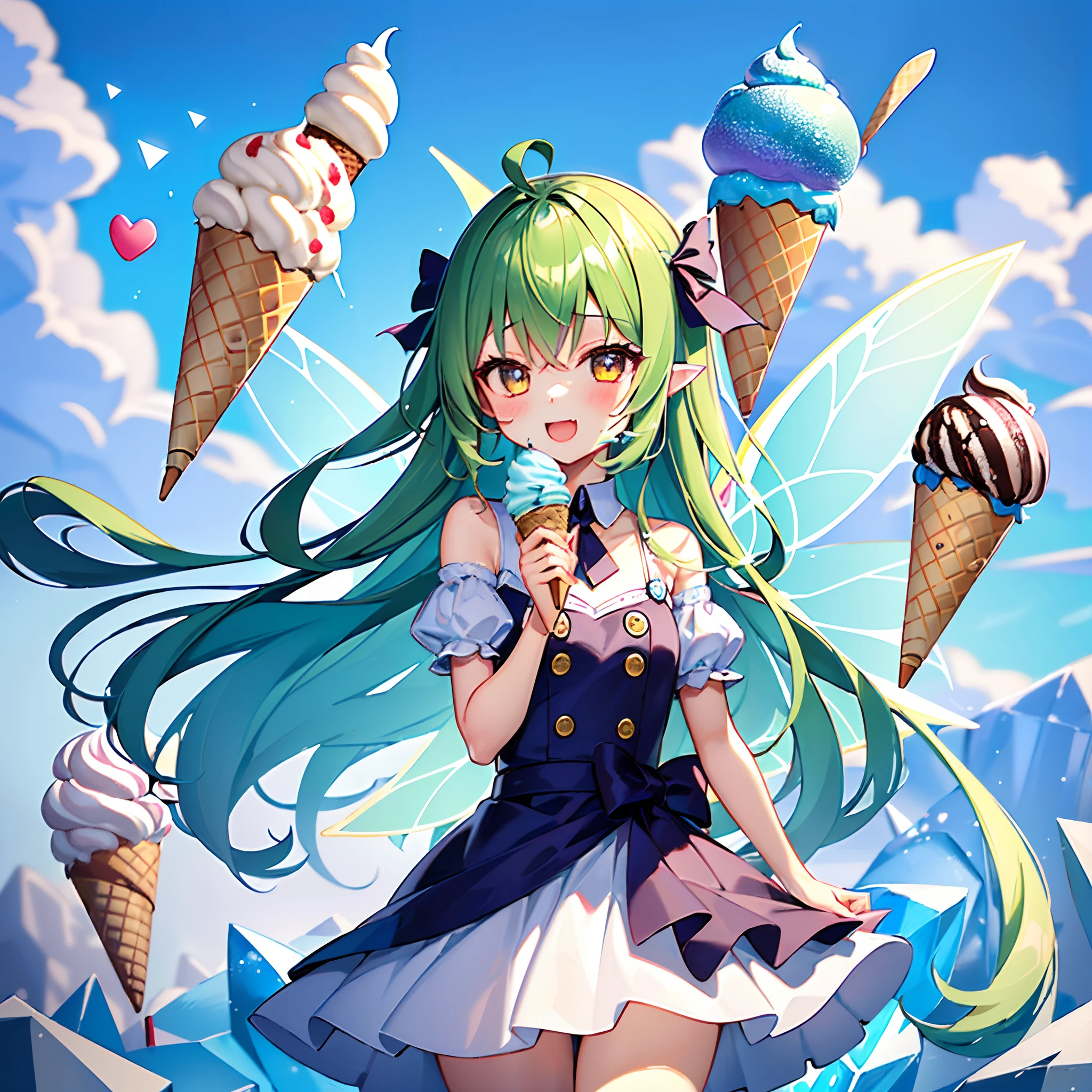 (Precise and unmatched illustrations:1.3), (1girl:1.3), (ice cream:1.4), (Fairies eating big ice cream:1.2), (kawaii, Cute, Tiny, chibi:1.3), (wearing Fairy wings of crystal-clear ice material:1.5), (dress), BREAK,(world made of colorful popping ice cream). (Best Quality), (masutepiece:1.3), Ultra-detailed, The kawaii and cute ice cream was tiny, round, and adorable, causing a congestion of happiness wherever it went. A world made of colorful, popping ice cream.