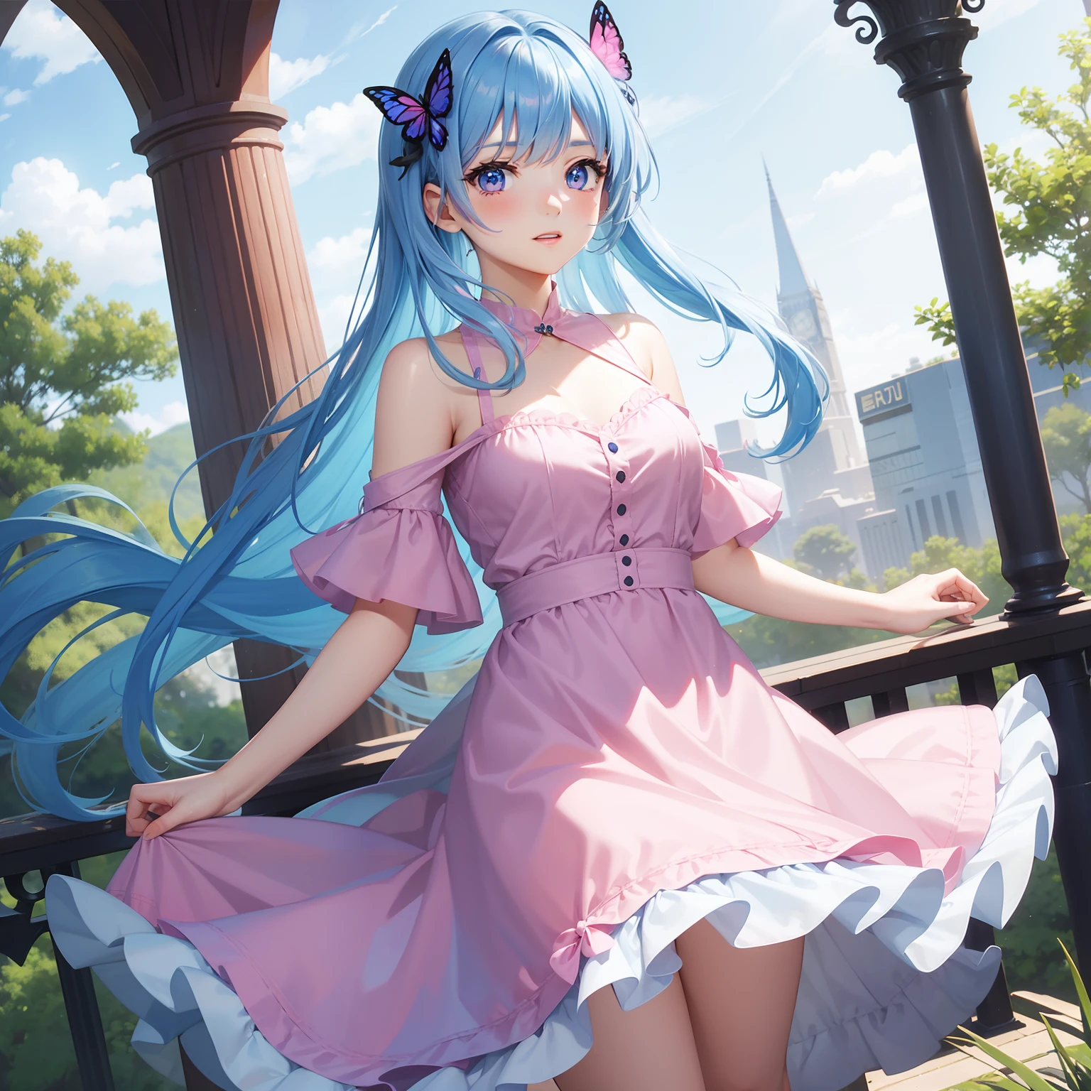 a women, blue butterfly, blue hair, pink eyes, pink dress