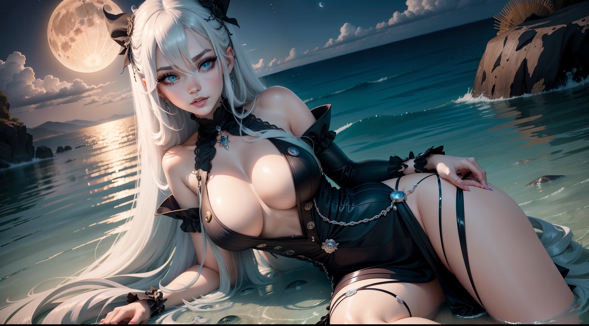 moon,absurdly long hair,two-tone hair,white colored eyelashes,longeyelashes,large breasts,mature female,witch,aqua hair,pink hair,asymmetrical hair,over the sea,night,night,beautiful detailed eyes,seductive smile,fangs,mole under eye,hair between eyes,gradient eyes,eyeshadow,lolita_fashion, facing another, partially underwater shot, UHD