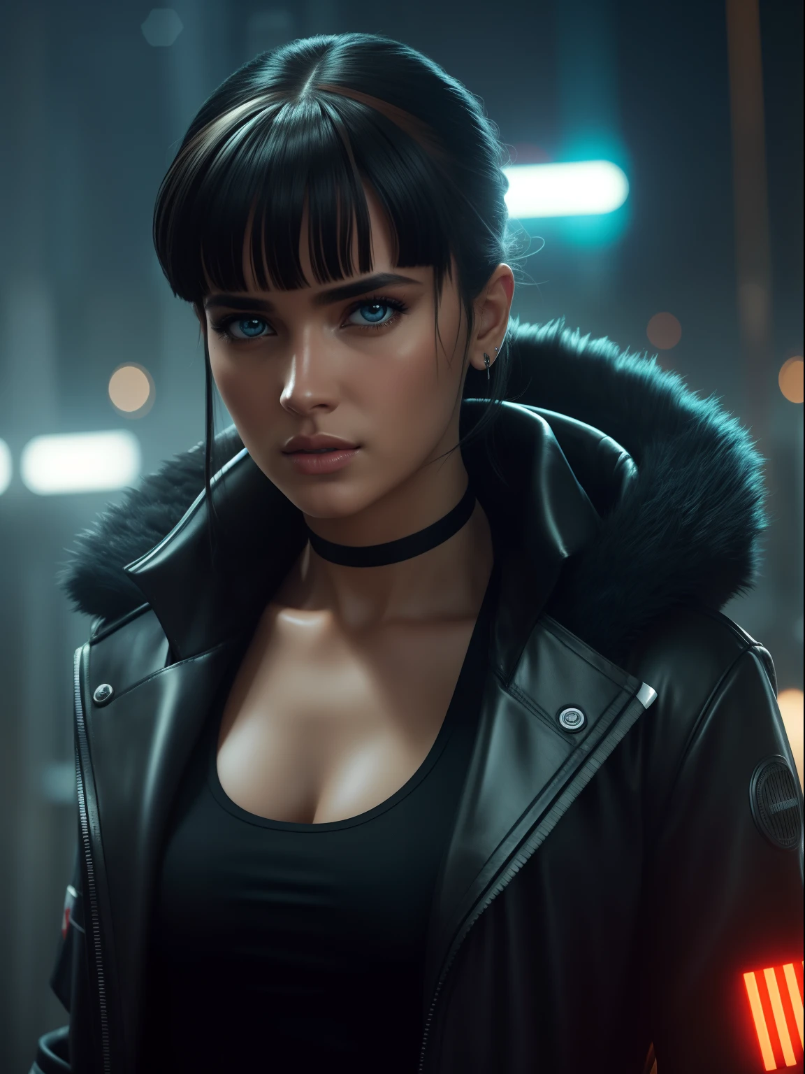 Close-up, uma bela Dua lipa, action movie scene, Jantar Distópico Cinematic Blade Runner, noite, movimentado com sinais de neon, blade runner aesthetics, lotado de pessoas, cinematografia de filmes, gangue trash, pessoa atraente, High emphasis on detail, vestindo equipamentos de tecnologia do tempo, gangue trash, tatuagens, Vida noturna, cheio de vida, gangue trash, action movie shot by Kon Satoshi, estilo Semi Impasto, tinta escura, Atmospheric, brilhante, lighting dramatic, olhos bonitos, symmetric eyes, olhos perfeitos