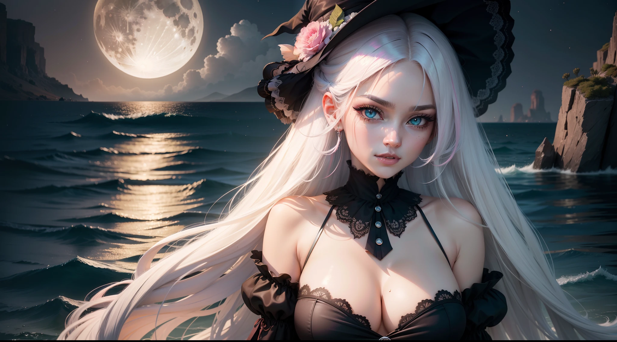 moon,absurdly long hair,two-tone hair,white colored eyelashes,longeyelashes,large breasts,mature female,witch,aqua hair,pink hair,asymmetrical hair,over the sea,night,night,beautiful detailed eyes,seductive smile,fangs,mole under eye,hair between eyes,gradient eyes,eyeshadow,lolita_fashion, facing another, partially underwater shot, UHD