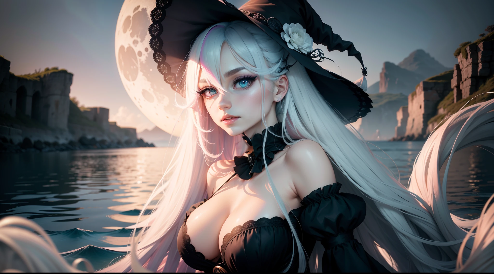 moon,absurdly long hair,two-tone hair,white colored eyelashes,longeyelashes,large breasts,mature female,witch,aqua hair,pink hair,asymmetrical hair,over the sea,night,night,beautiful detailed eyes,seductive smile,fangs,mole under eye,hair between eyes,gradient eyes,eyeshadow,lolita_fashion, facing another, partially underwater shot, UHD