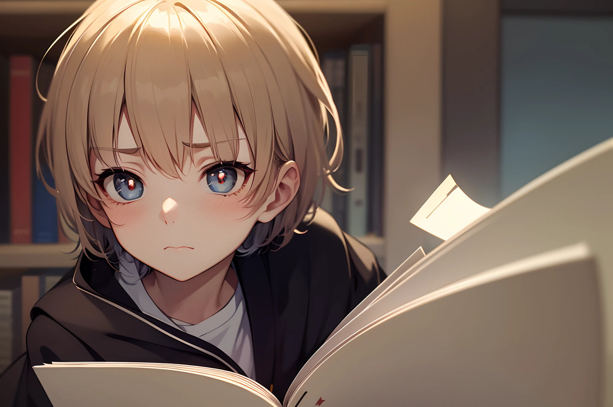 a junior school boy, cute and Q, study in the library, (hold an open book), a lot of books, dilated pupils, frown, anime style, cinematic lighting, ray tracing, (from side), (close-up), masterpiece, best quality, highres, textured skin, anatomically correct, UHD, 1080P, HD