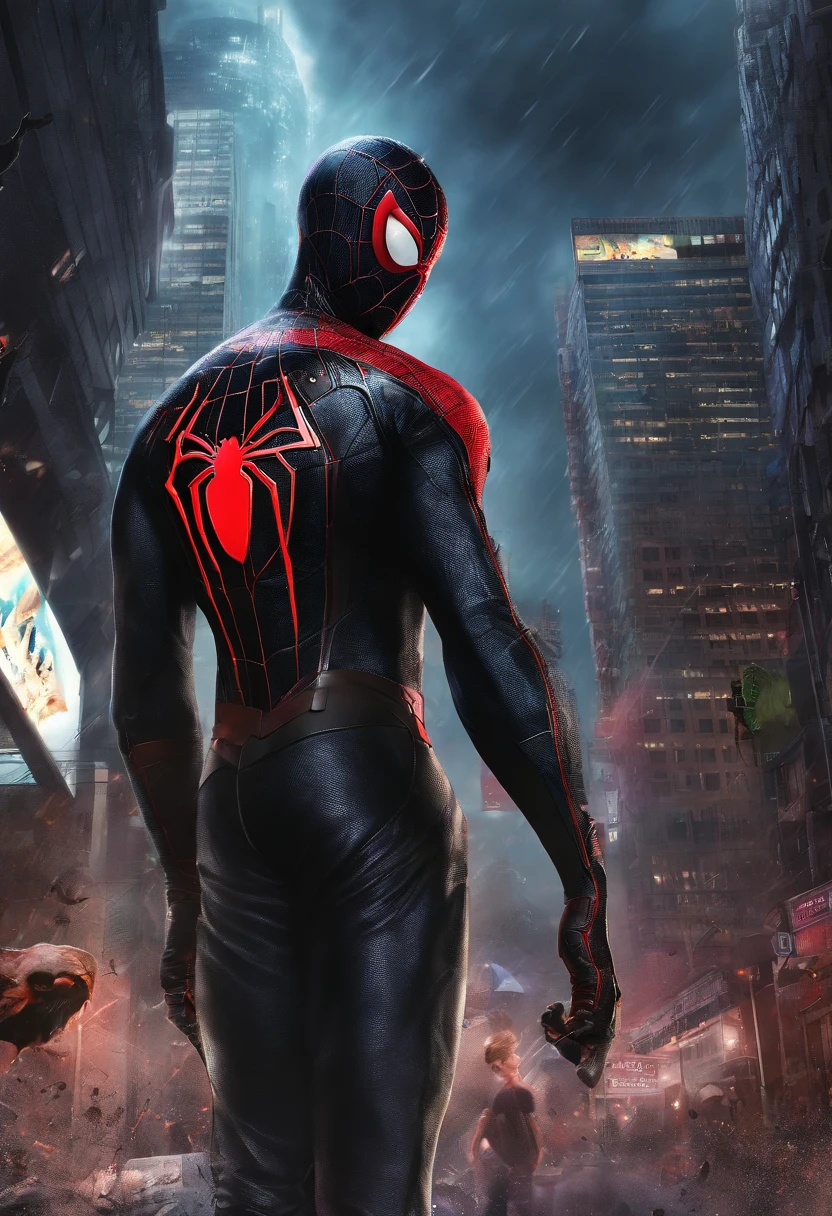 "(best quality,highres:1.2),Spiderman Miles Morales & Venom,Colliding in a black suit,Embracing the rain and night city,Across the Spider-Verse with portals,Revealing the power of Venom,Manifesting as hard liquid,Adorned in the iconic Red List suit,The darkness enriched by intense black,Miles Morales standing tall, canine tooth, creepy open mouth,