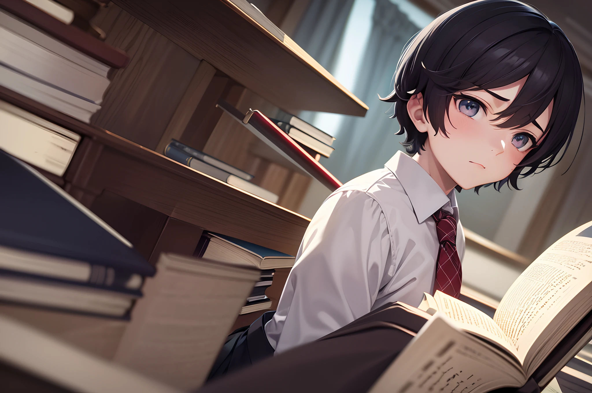 a junior school boy, study in the library, (hold an open book), dilated pupils, gloom (expression), frown, anime style, cinematic lighting, ray tracing, (from side), (close-up), masterpiece, best quality, highres, textured skin, anatomically correct, UHD, 1080P, HD