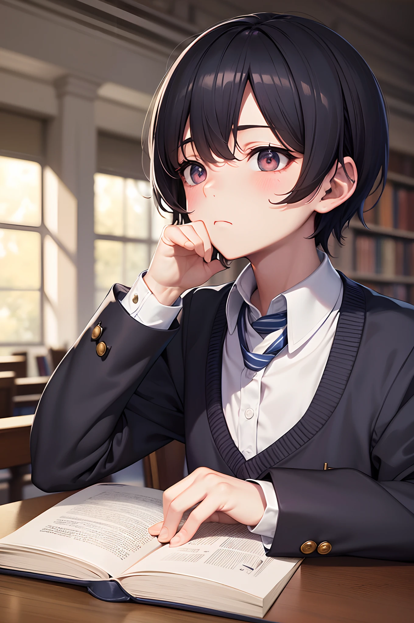 a junior school boy, study in the library, (hold an open book), dilated pupils, gloom (expression), frown, anime style, cinematic lighting, ray tracing, (from side), (close-up), masterpiece, best quality, highres, textured skin, anatomically correct, UHD, 1080P, HD