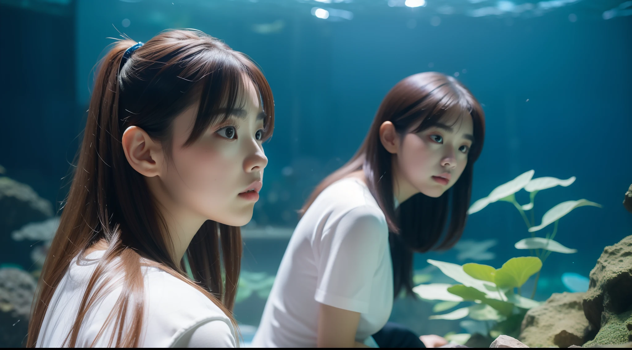 girl with, 独奏, serious facial expression, dressed casually, Aquarium background, depth of fields, (Photorealsitic:1.4), top-quality, masterpiece, ultra-detailliert, Raw photo