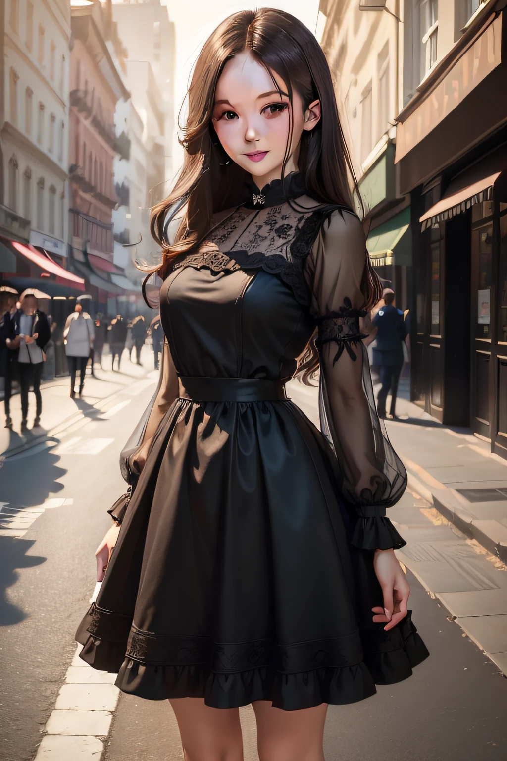 ((Best quality, 8k, Masterpiece :1.3)), 1girl, smiling, full body, slim face, Pretty woman, (Dark brown hair), full length dress :1.1, Ultra-detailed face, Detailed eyes, Double eyelid, blur background, slim face, city, outside, street,