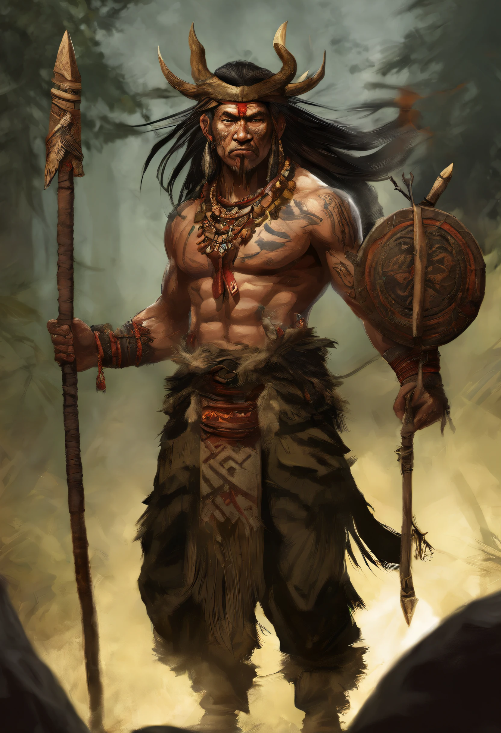 An Asian male leader with a beast bone on his head and a bow and arrow, Rough skin texture，The skin is yellow skin，Wear jade around the waist，fantasy character concept, complex fantasy character, heroic fantasy character concept, rpg concept art character, full body concept, character posing for concept art, rpg character concept art, senior concept artist, detailed full-body concept, Fantasy character design, dark fantasy character design, concept art character, spirit fantasy concept art