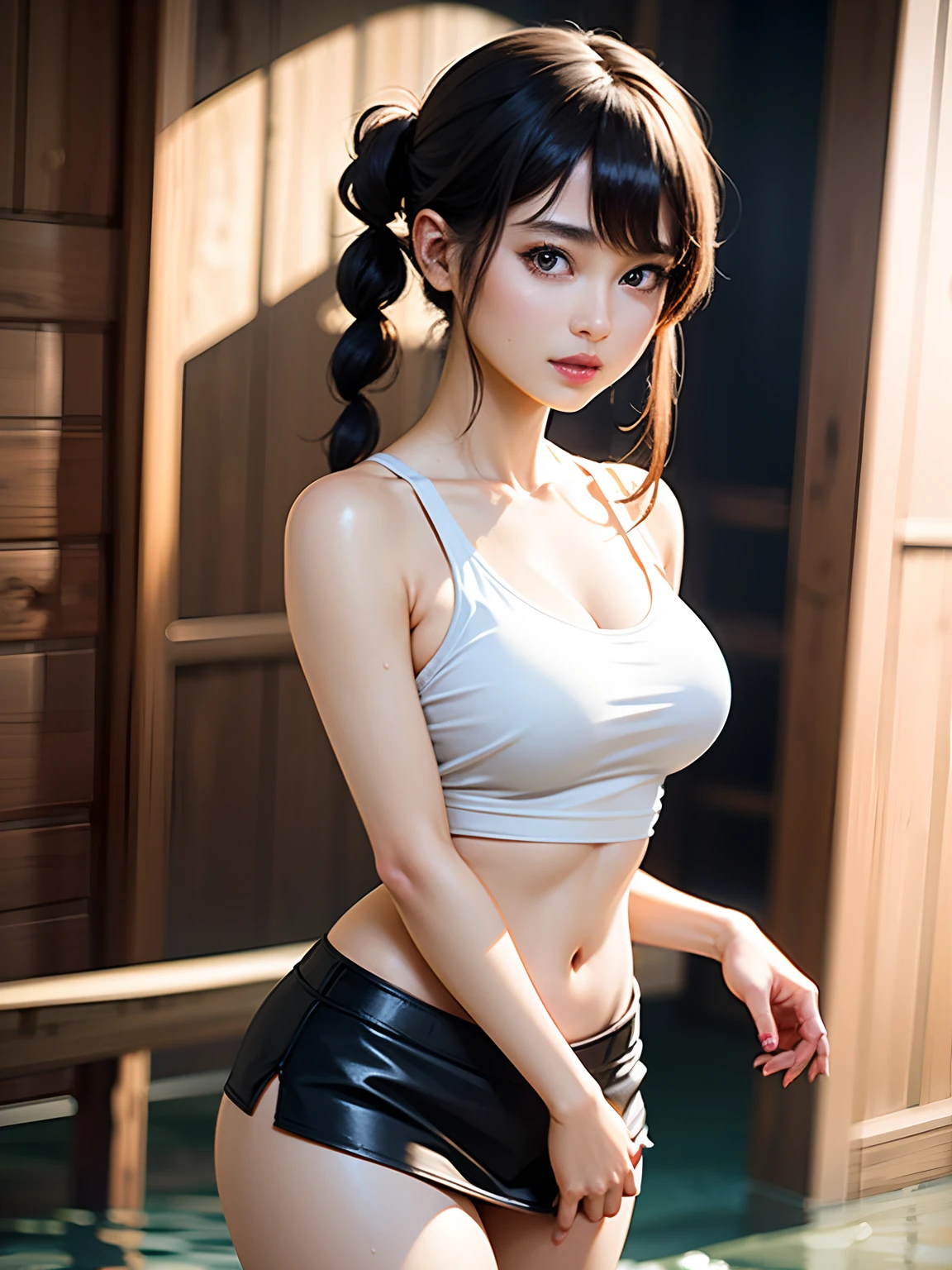 Close up portrait of green-haired woman in white tank top and leather miniskirt, with black braided pigtail,Full body posture、water dripping、It's wet、4 gorgeous model, goddess of Japan,Beautiful belly button、beautiful thigh、Beautiful calves、Beautiful waki、Beautiful、Beautiful ass、 beautiful Girl, real life anime girl, Anime girl cosplay, Traditional beauty, trending at cgstation, Seductive Anime Girl, beautiful goddess, a beautiful fantasy empress, young and cute girl, Good young girl, very beautiful cute catgirl