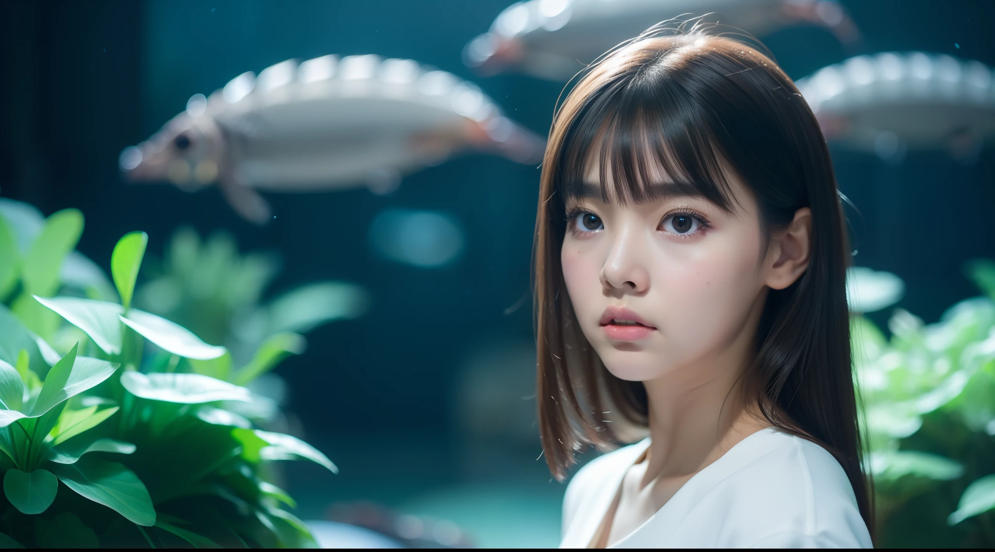 girl with, 独奏, serious facial expression, dressed casually, Aquarium background, depth of fields, (Photorealsitic:1.4), top-quality, masterpiece, ultra-detailliert, Raw photo