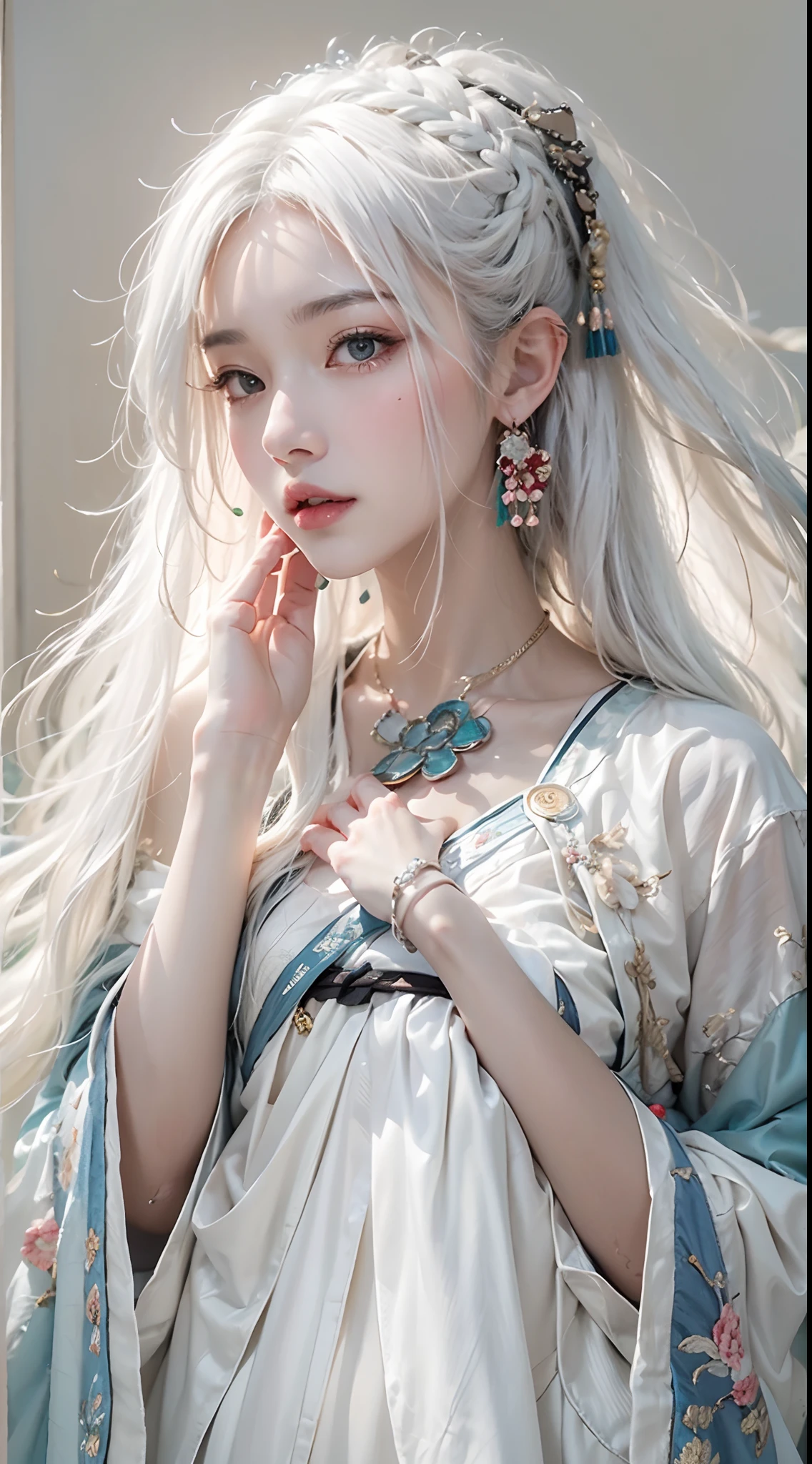 photorealistic, high resolution, soft light,1women, solo, hips up, (detailed face), jewelry, hanfu, white hair