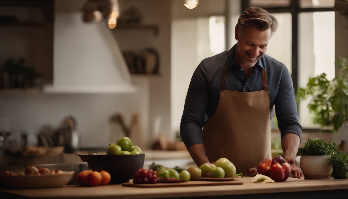 Portrait of a father,Small plum type,Artisan people,designer,Love to laugh,largeeyes,tall nose bridge,The shirt,Large back hair style,In cooking cuisine,Holding a cutting board