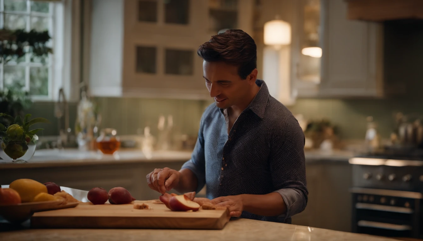 Portrait of a father,Small plum type,Artisan people,designer,Love to laugh,largeeyes,tall nose bridge,The shirt,Large back hair style,In cooking cuisine,Holding a cutting board