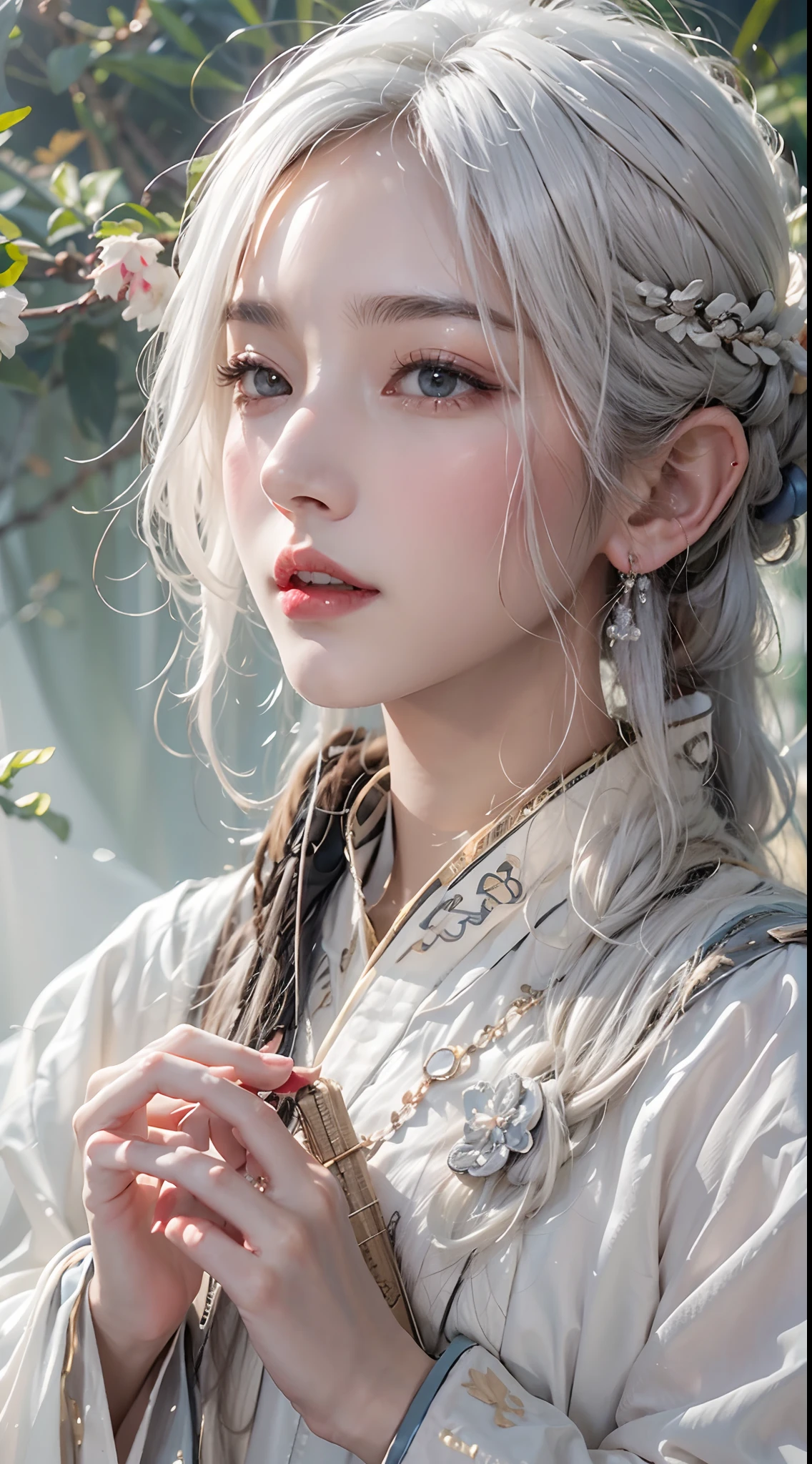 photorealistic, high resolution, soft light,1women, solo, hips up, (detailed face), jewelry, hanfu, white hair