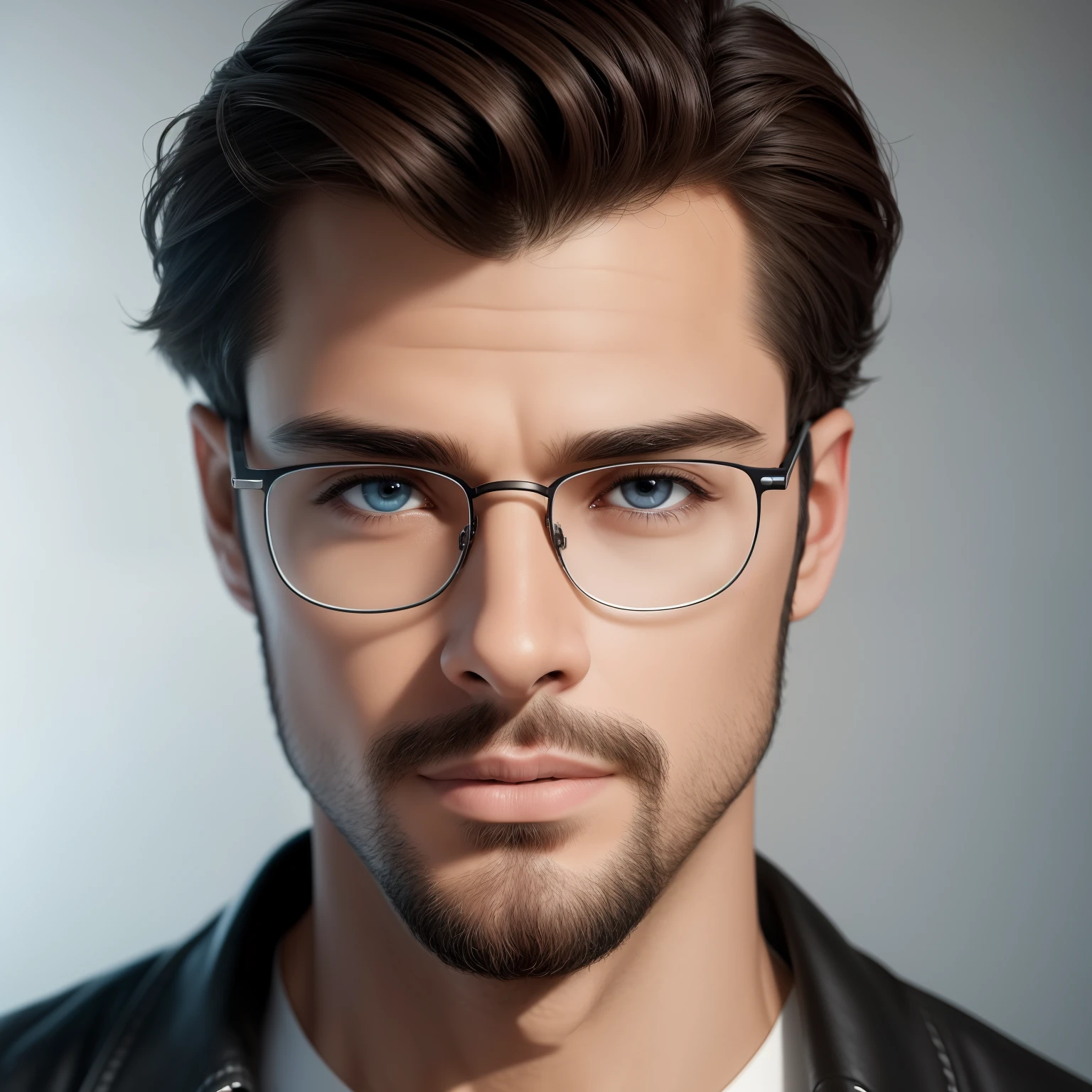 (best quality,4k,8k,highres,masterpiece:1.2),ultra-detailed,(realistic,photorealistic,photo-realistic:1.37),professional ai artist,glasses,young adult male,detailed facial structure,dark hair,expressive eyes,serious expression,fine wrinkles,slightly stubbled beard,sharp jawline,defined cheekbones,fine artistically arranged glasses,sophisticated attire,clean and modern white studio background,soft studio lighting,vibrant colors,subtle shadowing on face.