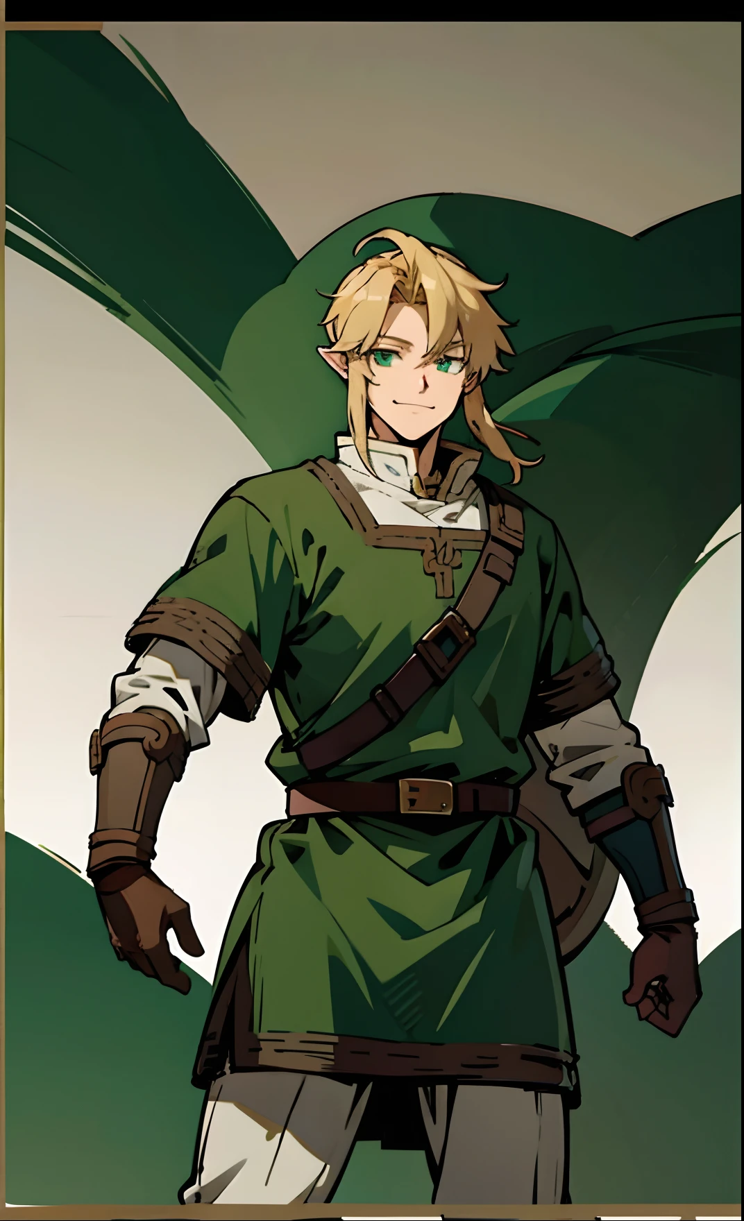 blond, tall, green-eyed guy, viking style, russian hero style, strong,  anime style, anime  , link, ( gloves), standing, (muscular:0.5)(from above:0.25),(sport:0.2), (empty background),(smiling:0.25,(armor:0.6), (character design), (uniform:0.6)