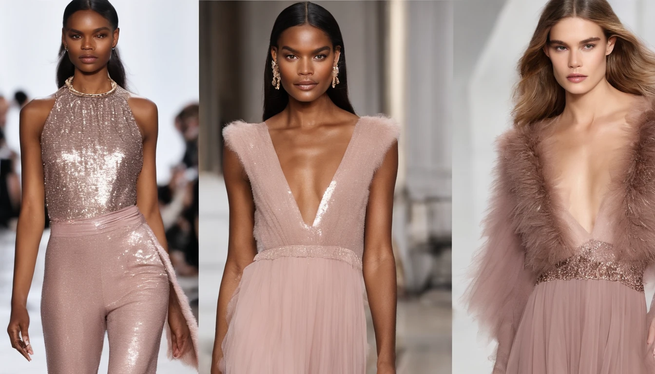 Autumn and winter catwalks,Vintage fur,Chiffon ruffled pink sequin maxi dress,flowing shimmering fabrics,Gray top with wide-leg trousers,Subtle beige tones,Inspired by Ralph Lauren