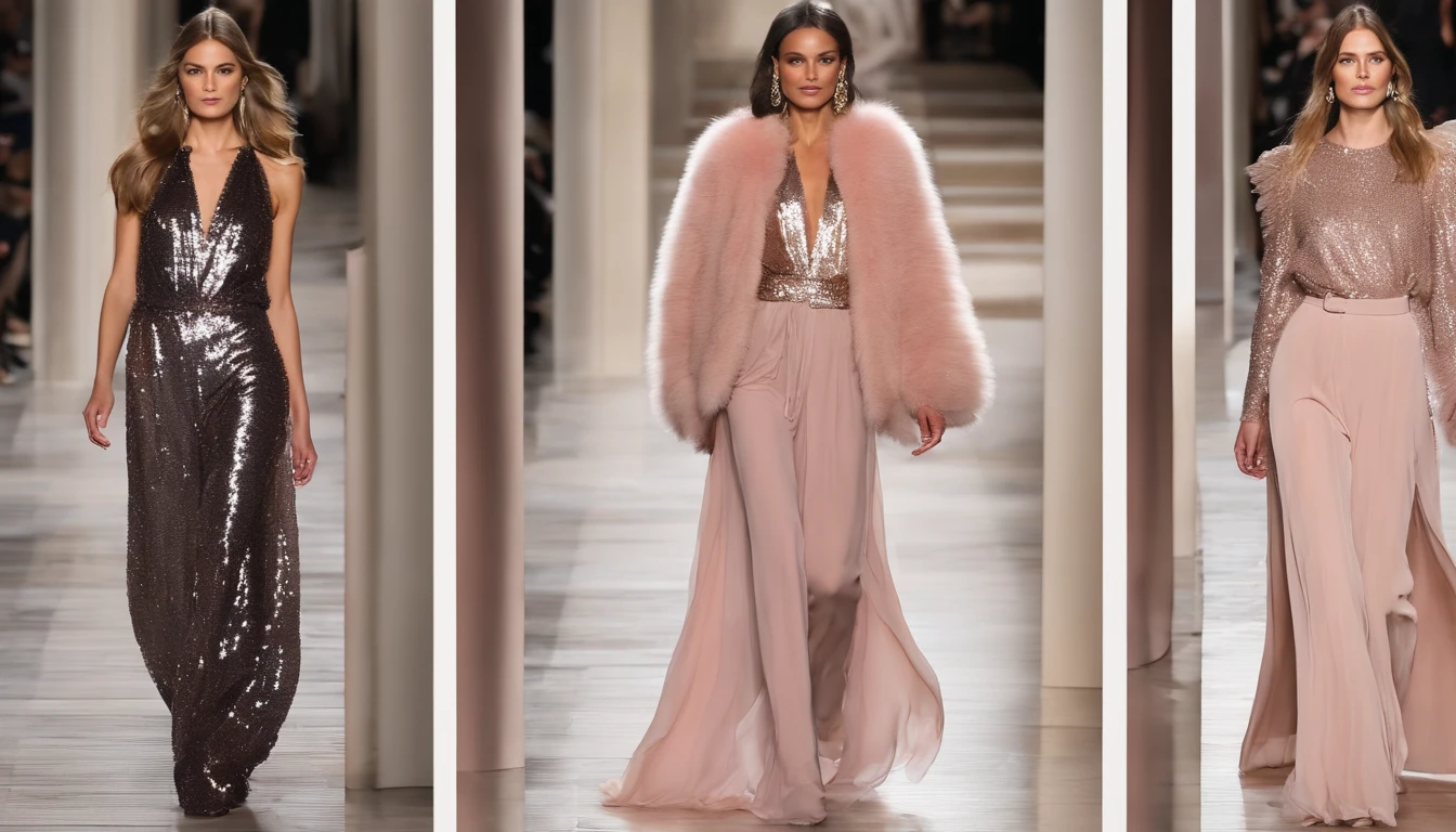 Autumn and winter catwalks，Vintage fur，Chiffon ruffled pink sequin maxi dress，flowing shimmering fabrics，Gray top with wide-leg trousers，Subtle beige tones，Inspired by Ralph Lauren