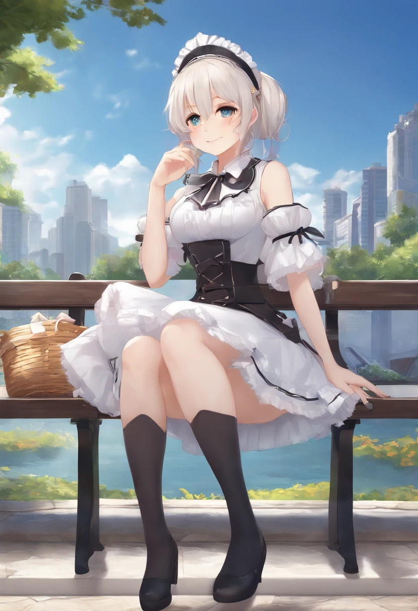 Anime girl in maid costume sitting on bench，The background is a city, Best anime 4k konachan wallpaper, Fine details. Girl Front, lollipop, from girls frontline, A scene from the《azur lane》videogame, nightcore, azur lane style, cute anime waifu in a nice dress, Perfect white haired girl, seductive anime girls, Smooth anime CG art